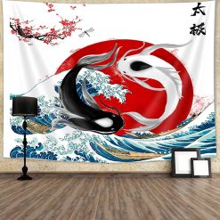 Tenture Murale Japonaise - Carpes Koi Yin-Yang et La Grande Vague de Kanagawa