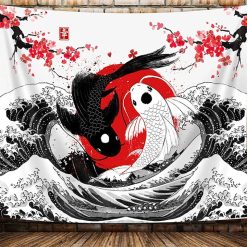 Tenture Murale Japonaise - Carpes Koi Yin Yang et La Vague d'Hokusai