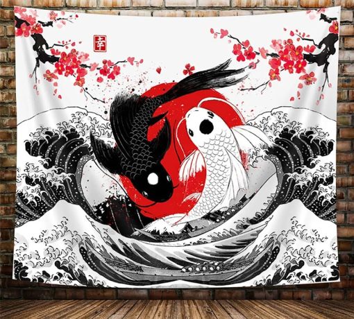 Tenture Murale Japonaise - Carpes Koi Yin Yang et La Vague d'Hokusai