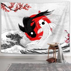 Tenture Murale Japonaise - Carpes Koi et Vague Rouge Soleil Levant