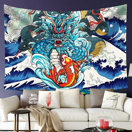 Tenture Murale Japonaise - Dragon des Mers et Koi Écarlate