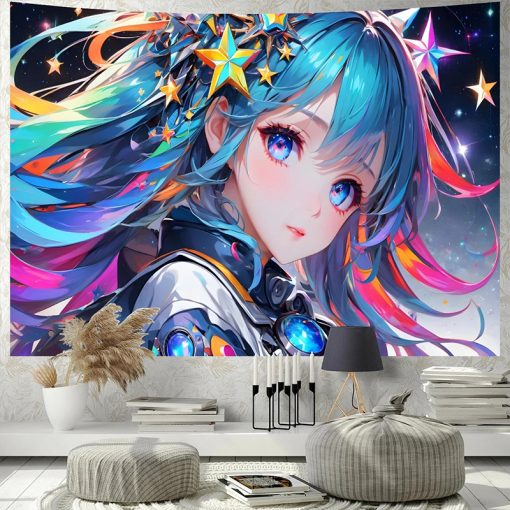 Tenture Murale Japonaise - Fille Manga aux Cheveux Arc-en-Ciel