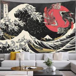 Tenture Murale Japonaise - Koi Noir et Blanc sur Vague Rouge Hokusai