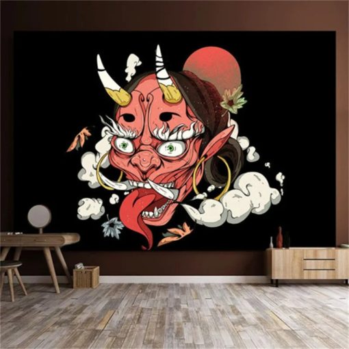 Tenture Murale Japonaise - Masque Oni Rieur au Soleil Rouge