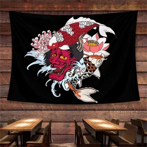 Tenture Murale Japonaise - Masque Oni et Carpes Koi en Harmonie