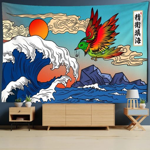 Tenture Murale Japonaise - Vol du Phoenix au Soleil Levant