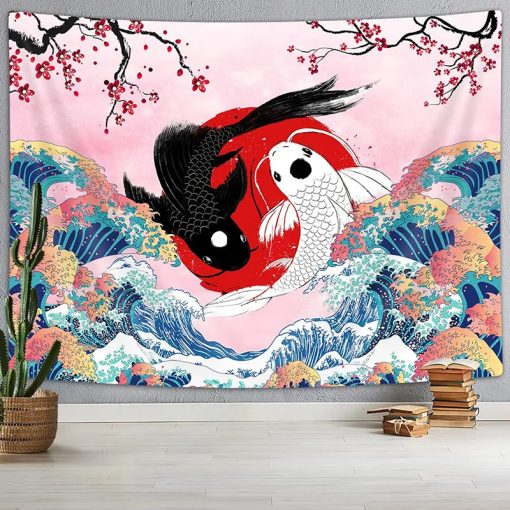 Tenture Murale Japonaise - Yin et Yang des Carpes Koi sous les Cerisiers