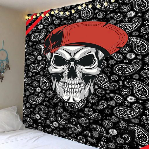 Tenture Murale Tête de Mort Casquette Rouge et Motif Bandana