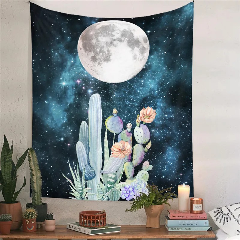 Tenture Murale Astrologie Bohème - Cactus Lunaire Mystique