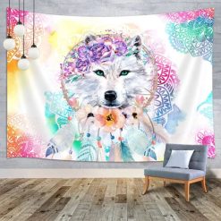 Tenture Murale Hippie Attrape Rêves Loup des Fleurs