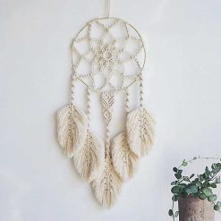 Attrape-Rêves Macramé Écru et Feuilles Bohèmes