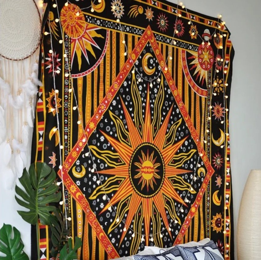 Magnifique Tenture Murale Mandala Énergie Solaire Mystique - 100% coton - Fait à la main