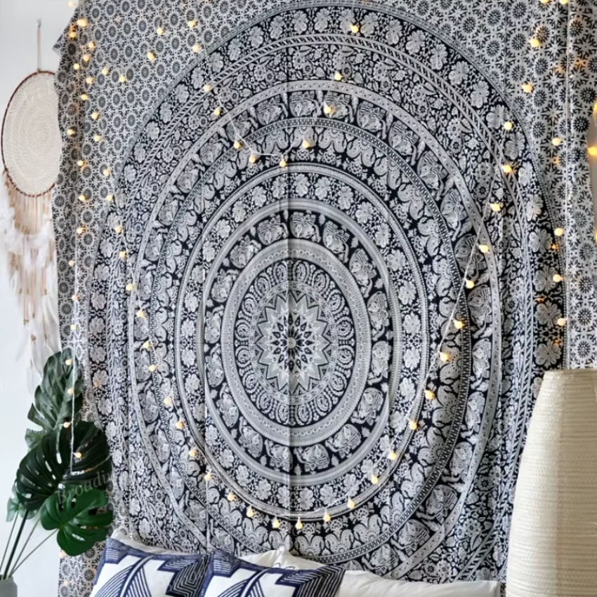 Magnifique Tenture Murale Mandala Équilibre Noir & Blanc - 100% coton - Fait à la main