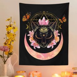 Tenture Murale Bohème 'Vision Mystique du Chat Lunaire' - 95cm x 73cm