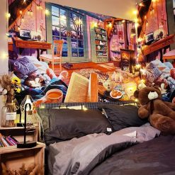 Tenture Murale Japonaise Lo-Fi Refuge d’Hiver au Coin du Feu