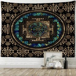Tenture Murale Mandala "Yantra Cosmique Bleu et Or"