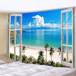 Tenture Murale Trompe-l’Œil Fenêtre sur Paradis Tropical