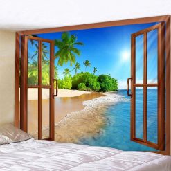 Tenture Murale Trompe-l’Œil Fenêtre sur Plage Tropical