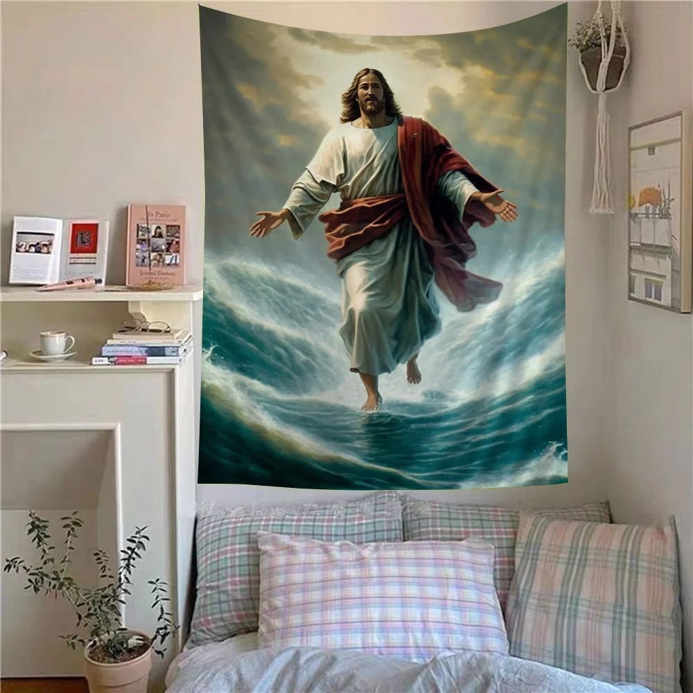 Tenture Murale Art Chrétien "Jésus Marchant sur les Eaux"