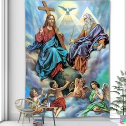 Tenture Murale Art Chrétien Orthodoxe - La Sainte Trinité - Version Mystique Éclairée