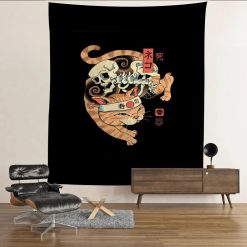 Tenture Murale Japonaise "Chat & Crâne Samouraï" - Neko Guerrier, Esprit de la Mort et Hachimaki