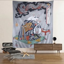 Tenture Murale Japonaise Chat Dragon & Carpes Koï - Esprit Zen et Mythes Ancestraux