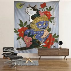 Tenture Murale Japonaise Chat Gardien & Lion Shishi - Fleurs de Pivoine et Symboles Protecteurs