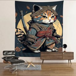 Tenture Murale Japonaise Chat Guerrier Armure d’Automne - Samouraï Félin & Lames Traditionnelles
