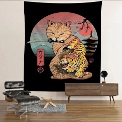 Tenture Murale Japonaise "Chat Katana & Tigre Tatoué" - Mont Fuji, Cerisier & Temple