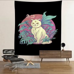 Tenture Murale Japonaise Chat Mystique Pastel - Lune Frontale & Jungle Tropicale Neko
