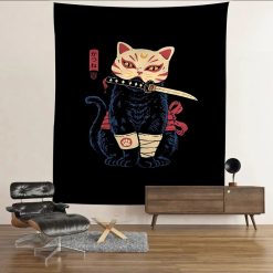 Tenture Murale Japonaise "Chat Ninja Mystique" - Masque Kitsune, Lune Frontale & Dague Neko