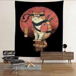 Tenture Murale Japonaise Chat Ninja Shinobi - Katana, Bandeau Soleil Rouge & Posture Méditative