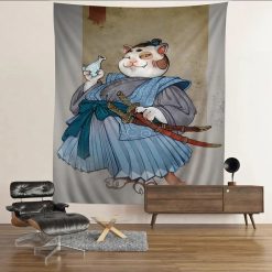Tenture Murale Japonaise Chat Ronin Sake & Katanas - Guerrier Félin en Kimono Bleu