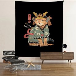 Tenture Murale Japonaise Chat Samouraï Ronchon - Armure Féline & Katana Neko