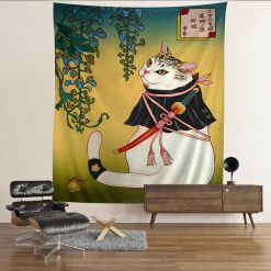Tenture Murale Japonaise Chat Samouraï avec Katana - Style Bushidō & Fleurs de Glycine