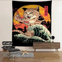 Tenture Murale Japonaise Chat Sushi Géant - Vague Hokusai & Soleil Couchant
