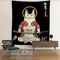Tenture Murale Japonaise Chat Tatoué Zen & Crâne -Katana, Aura Sacrée et Style Irezumi