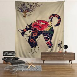 Tenture Murale Japonaise Chat Yōkai & Masque Oni - Esprit Démoniaque en Art Traditionnel