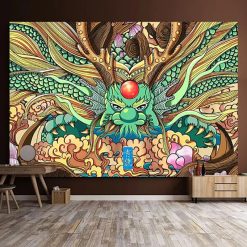 Tenture Murale Japonaise "Dragon Impérial Multicolore" - Nuées Magiques & Orbes Sacrés
