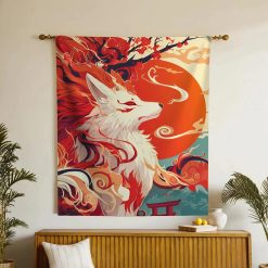 Tenture Murale Japonaise Esprit Kitsune au Soleil Rouge - Renard Mythique & Flammes Sacrées