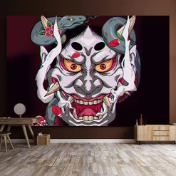 Tenture Murale Japonaise Masque Oni Albinos & Serpent Noir - Regard Possédé et Fleurs de Sang
