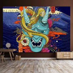 Tenture Murale Japonaise "Masque Oni Bleu & Dragon Doré" - Esprit Légendaire et Vague - Divine