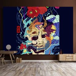 Tenture - Murale Japonaise Masque Oni & Carpes Koï - Fleurs Sombres et Courants Mystiques