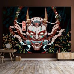 Tenture Murale Japonaise Masque Oni Démoniaque - Esprit Guerrier & Flammes Surnaturelles