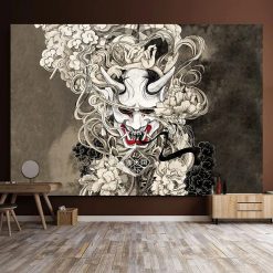 Tenture Murale Japonaise Masque du Vide - Fleurs Fanées et Esprits Enlacés
