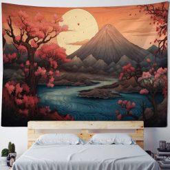 Tenture Murale Japonaise Mont Fuji au Soleil Rouge et Rivière des Cerisiers