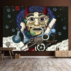 Tenture - Murale Japonaise Oni Mécanique & Laboratoire Fou - Masque Démoniaque Steampunk et Alchimie Surnaturelle
