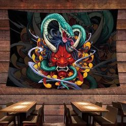 Tenture Murale Japonaise "Oni Rouge & Serpent Sombre" - Masque Démoniaque & Énergie Maléfique