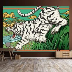 Tenture Murale Japonaise Tigre Blanc Rugissant - Art Traditionnel & Montagnes Surnaturelles