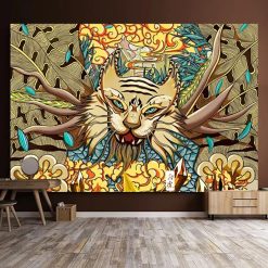 Tenture Murale Japonaise Tigre Mystique des Forêts Sacrées - Regard Bleu & Feuillages Enchantés